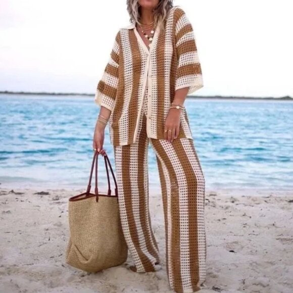 Solitaire Crochet Wide Leg Pants Flare sz Medium Lined Brown Ivory Wide Waist - Picture 1 of 16